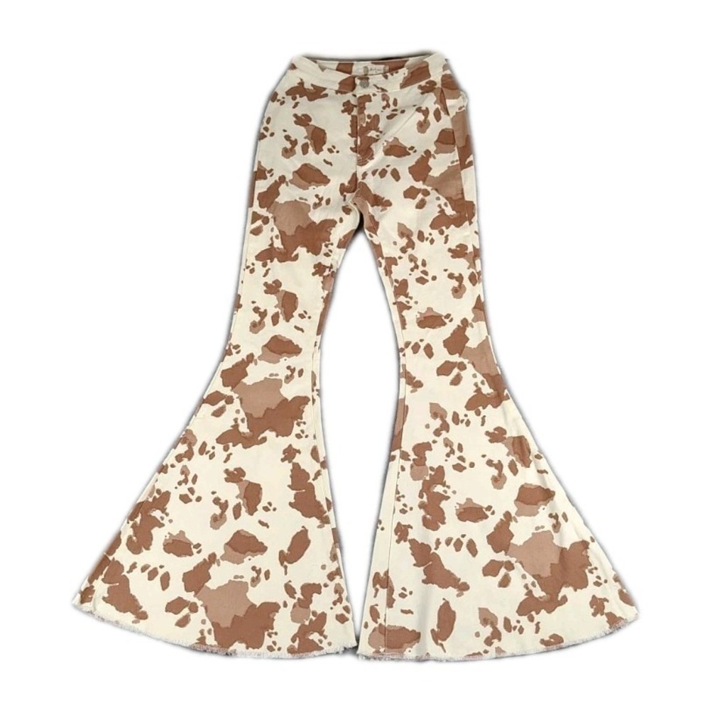 NWT Altar'd State Cow Print Flare Raw Hem Pant Women's Size XS Cream Brown